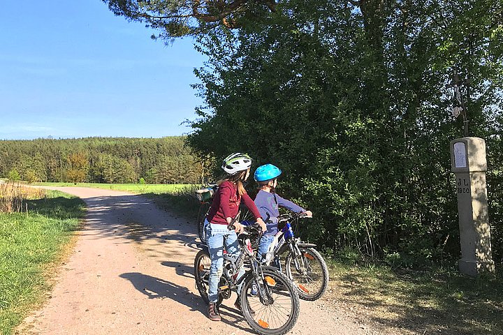 Marterl am Poststeig Traunricht, von Sindelsberg über den Dachsberg Zwei Kinder mit Fahrrad halten beim Wegekreuz am alten Poststeig
